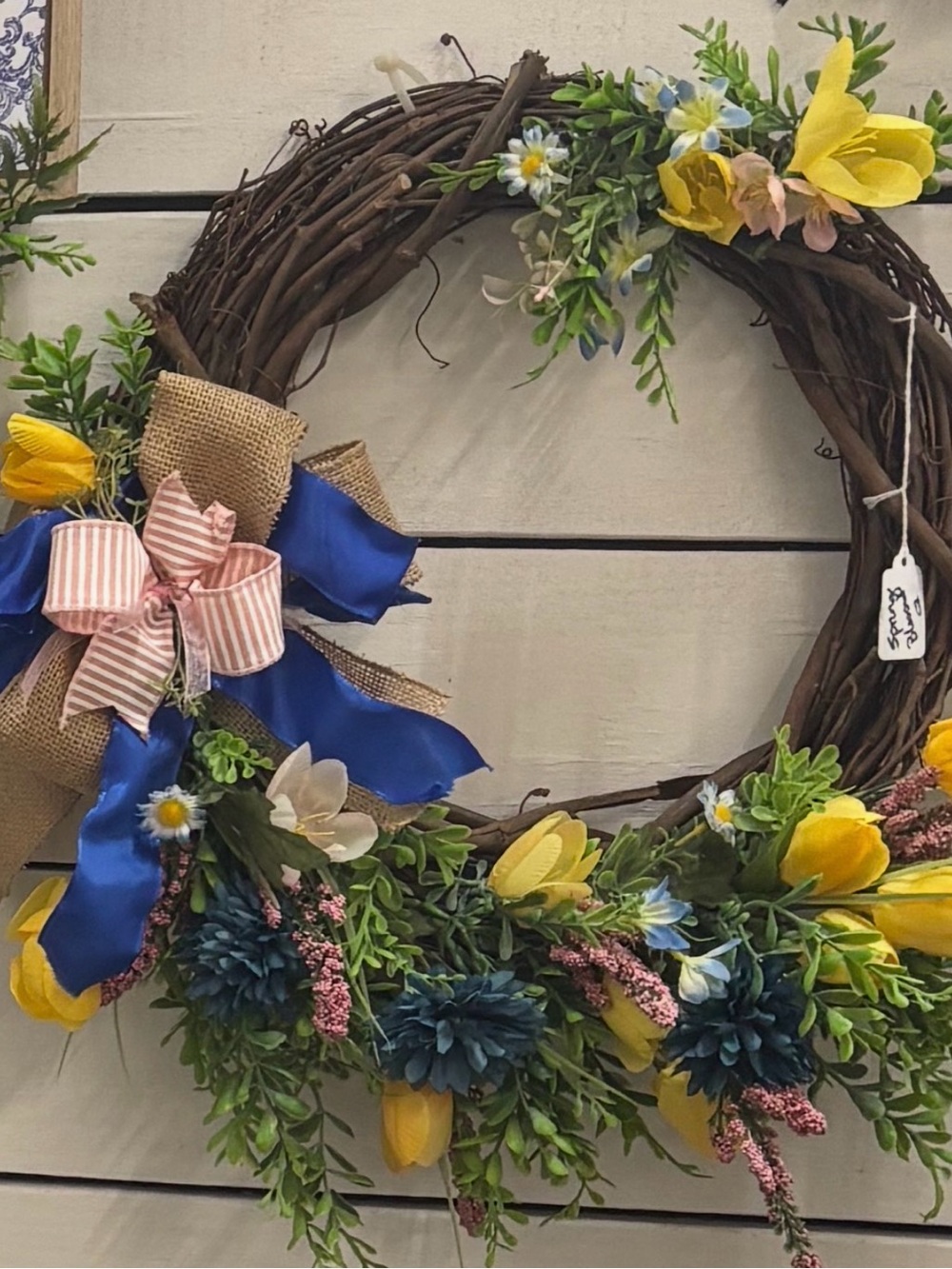 Grapevine Coastal Grandma 🍋 Cheerful Wreath Yellow Florals Pretty Bow Final Sale